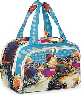 Funny Cat Toiletry Bag for Women | Large Wide-open Makeup Bag with Brushes Holders, Stain-Proof Puffy Cosmetic Bag for Travel Accessories, Essentials