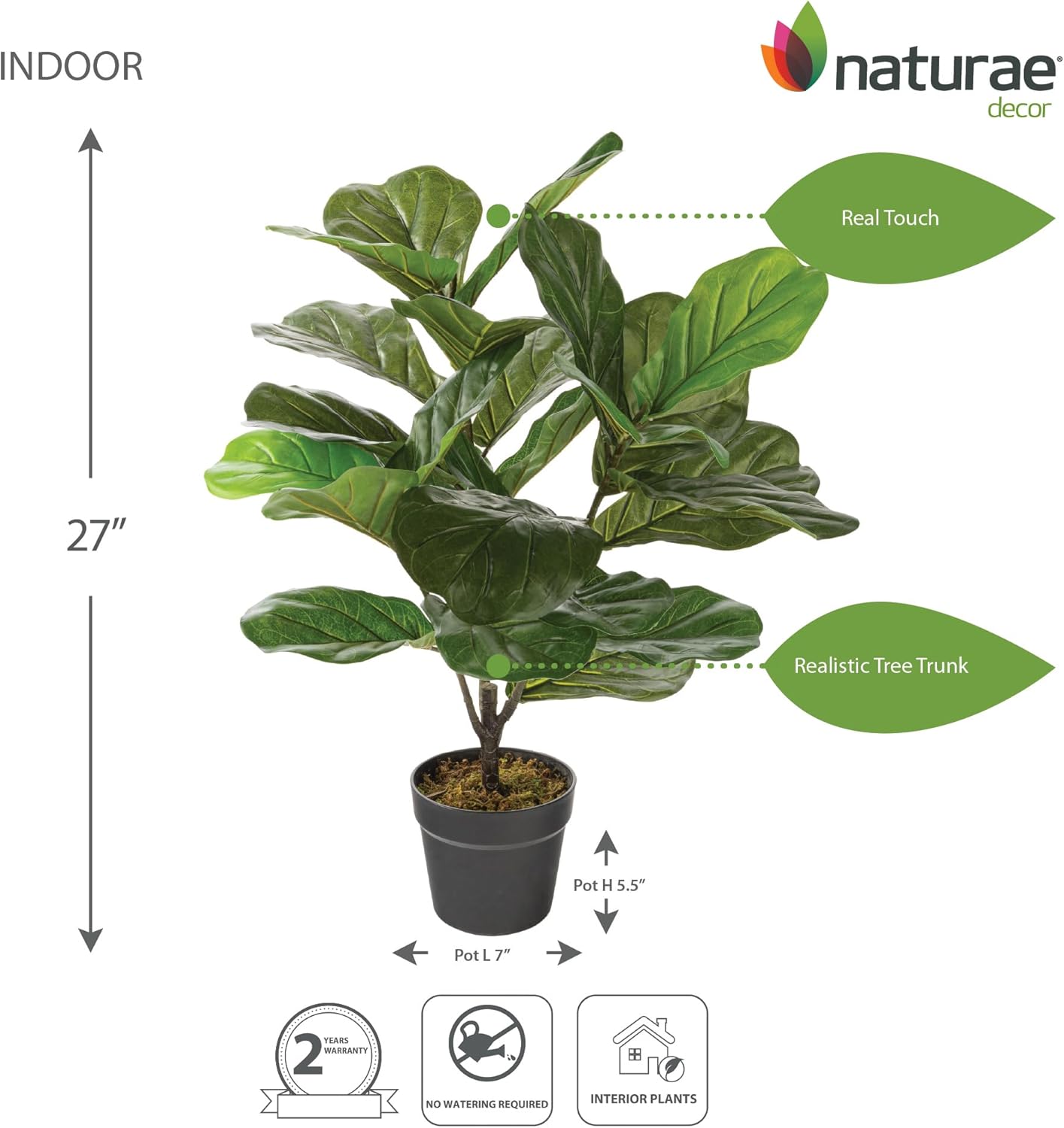 Naturae Decor Fiddle Leaf Plant - Lifelike Artificial Indoor House Plant - 27 in High