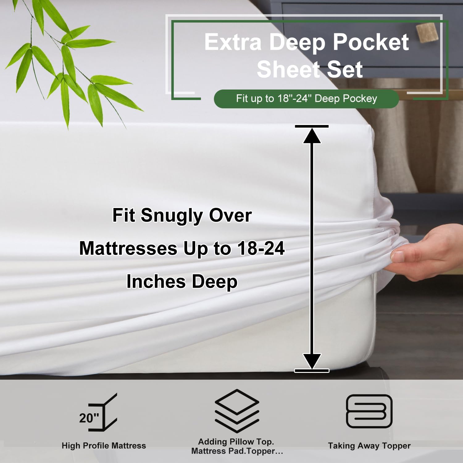 Ivellow Deep Pocket Queen Sheets, Rayon Derived from Bamboo, Extra Deep Pocket up to 18"-24", Hotel Luxury Cooling Sheets for Queen Size Bed, Silky Soft, Smooth, Breathable Bed Sheets White