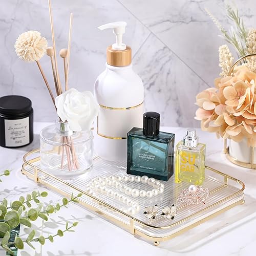 Miniatura 4 de Sliner Bandeja decorativa acrílica dorada rectangular para perfumes, bandeja de tocador para cosméticos, soporte de perfume de metal adornado para