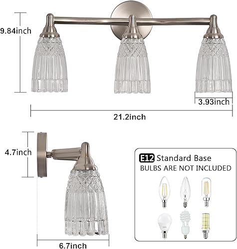 Miniatura 4 de HDDFL Lámpara de baño de níquel cepillado, 3 luces, moderno aplique de pared de vidrio para dormitorio, baño, sala de estar, pasillo