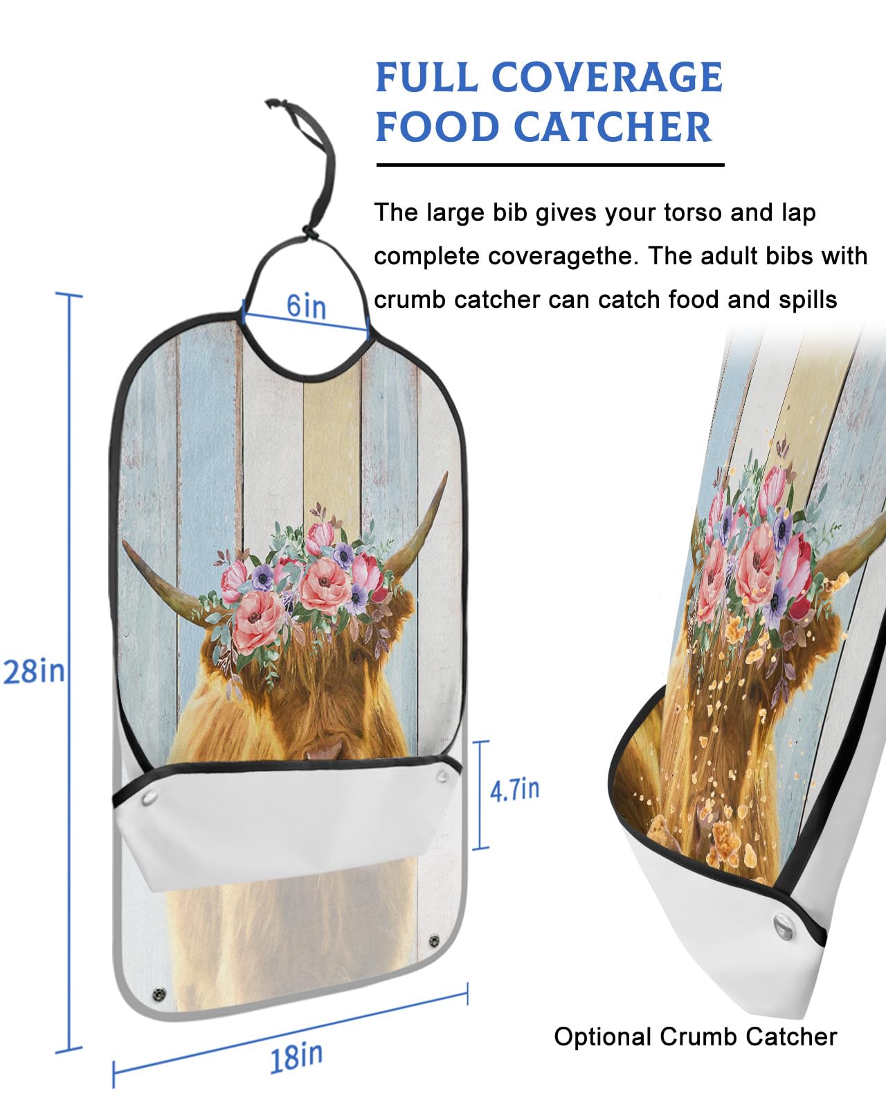 LEOKOTI Farmhouse Cow Adult Bibs for Eating, Waterproof Bibs with Food Catcher & Adjustable Snap Closure, Wreath Rustic Cream Wooden Washable Clothing Protectors Adult Bibs for Elderly Women/Men