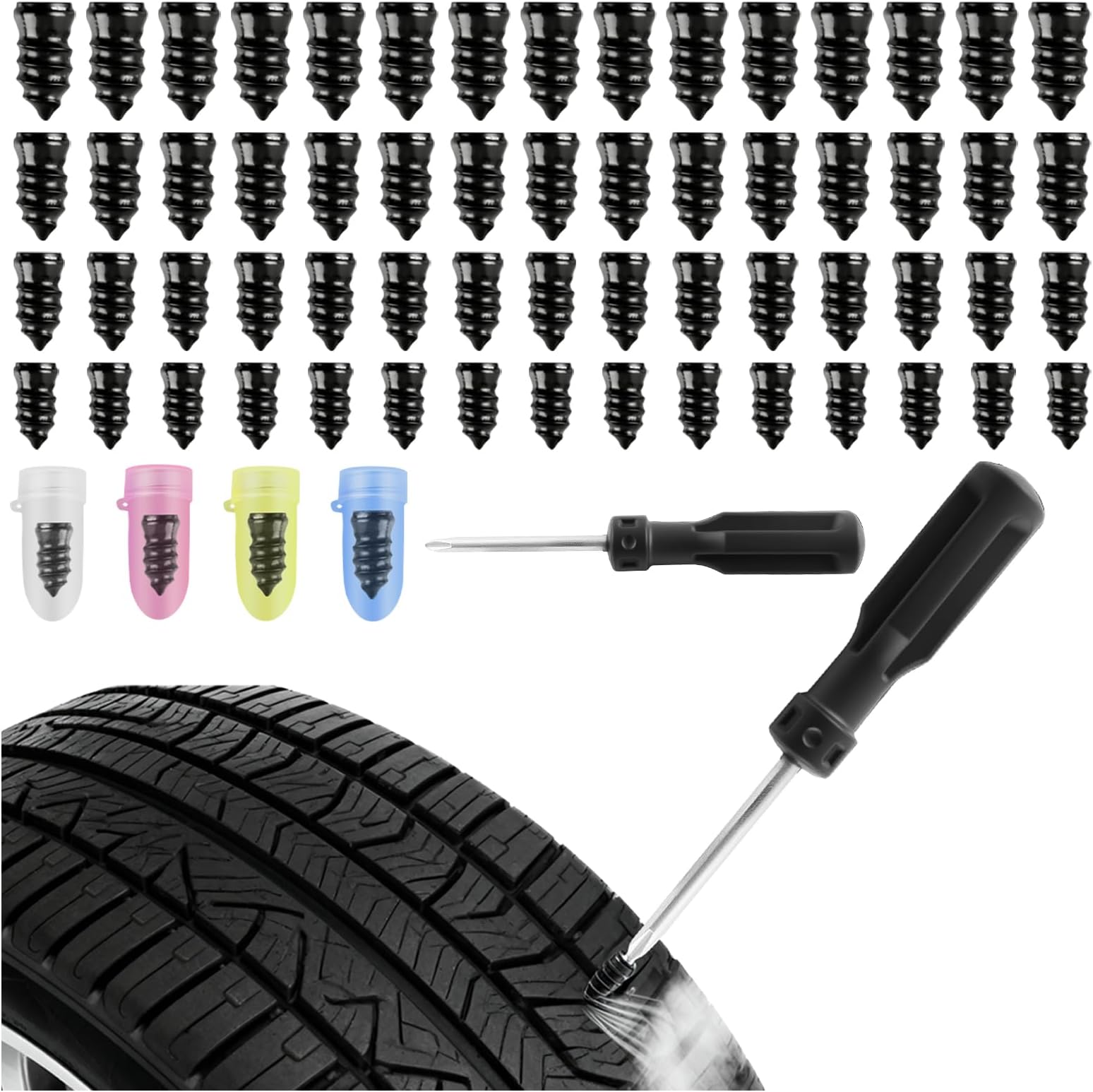 2026 Upgraded 60PCS Tire Repair Rubber Nail Kit,Self-Service 4-Size Screw in Tire Plugs Kit with Tires Plugs Screw Type & Screwdrivers,Flat Tires Repair Kits for Vacuum Tyre