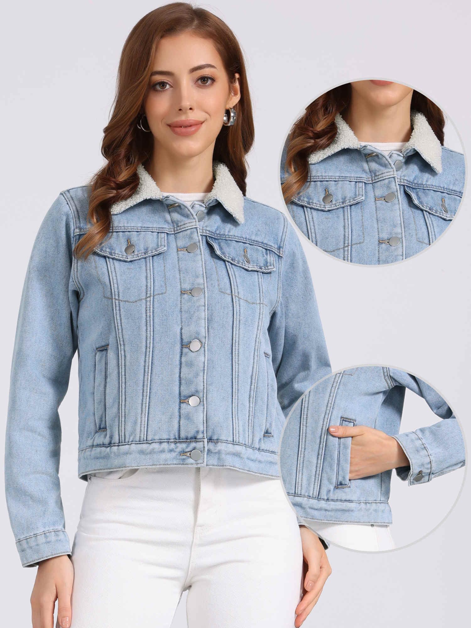 Allegra K Chaqueta Vaquera con Forro Polar para Mujer Abrigo Vaquero Cálido de Piel Sintética con Cuello Chaquetas de Camionero