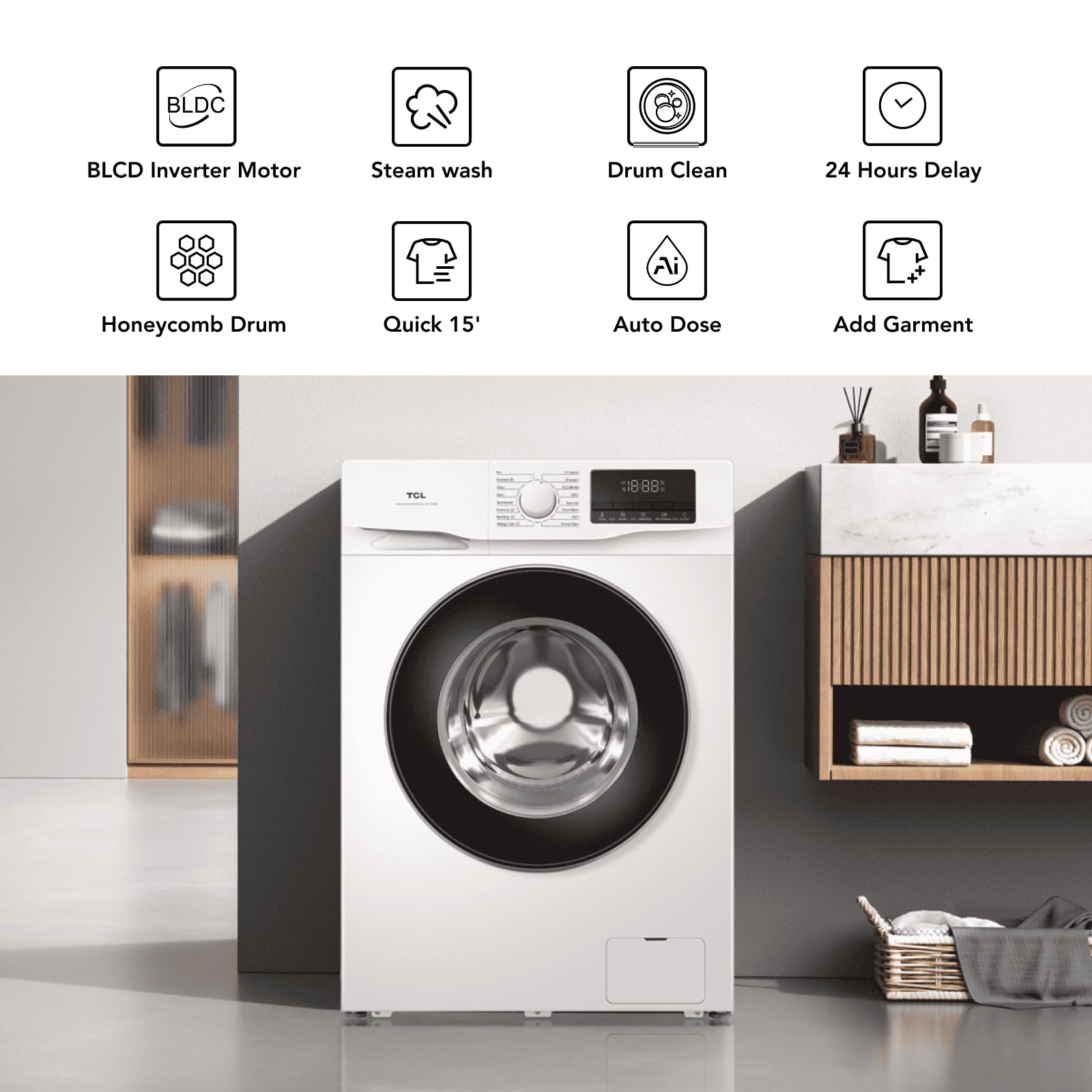 TCL 6kg B Class Energy-Saving Front Load Washer - 1000rpm Fast Spin, Ultra Slim, Multi-Mode Steam Care & Anti-Bacteria, Safety Features Included - 3