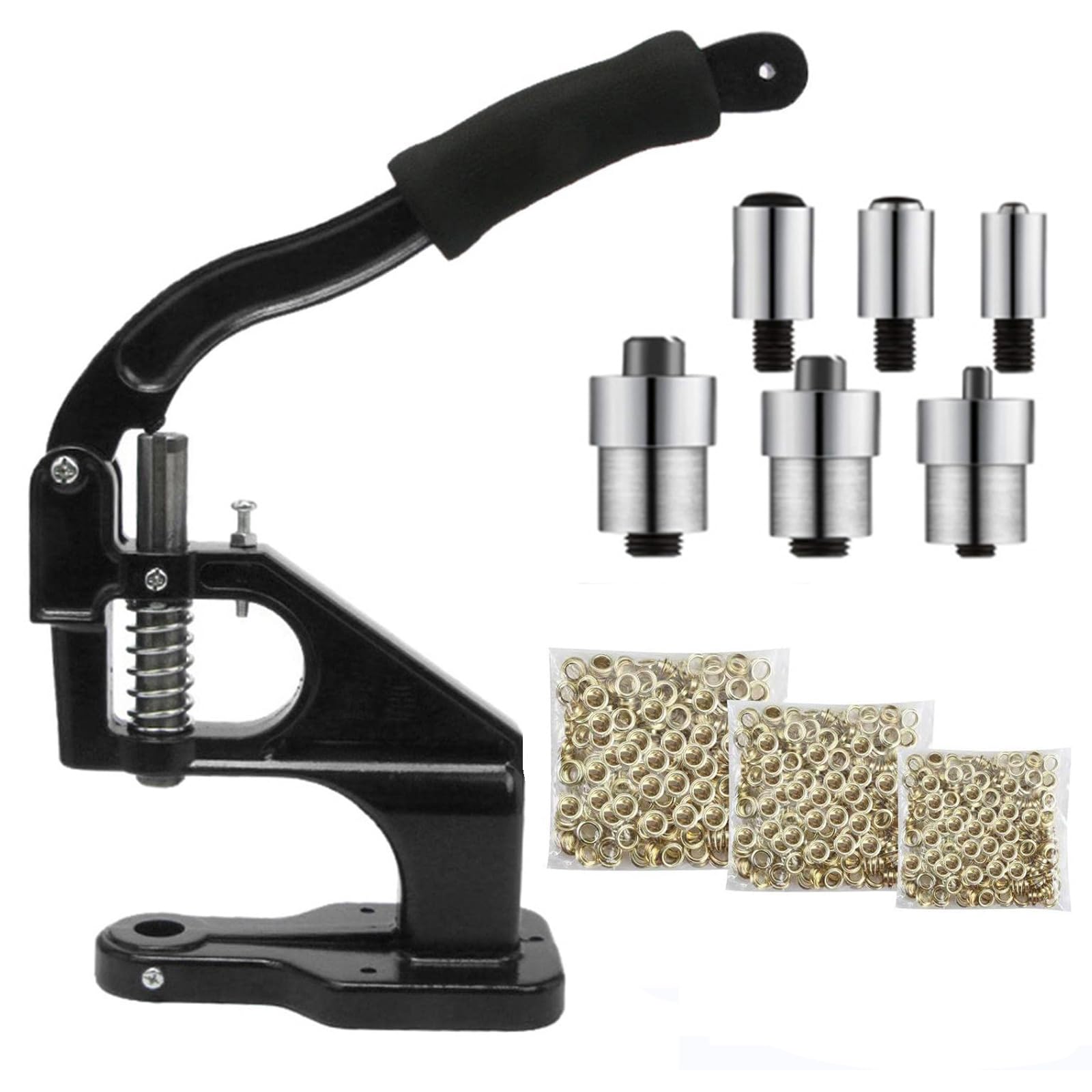 Eiwitany Hand Press Grommet Machine with Handle, Complete Eyelet Punch Tool Kit with Gold Eyelets, for Leather, Fabric and Canvas Processing (Black Gold)