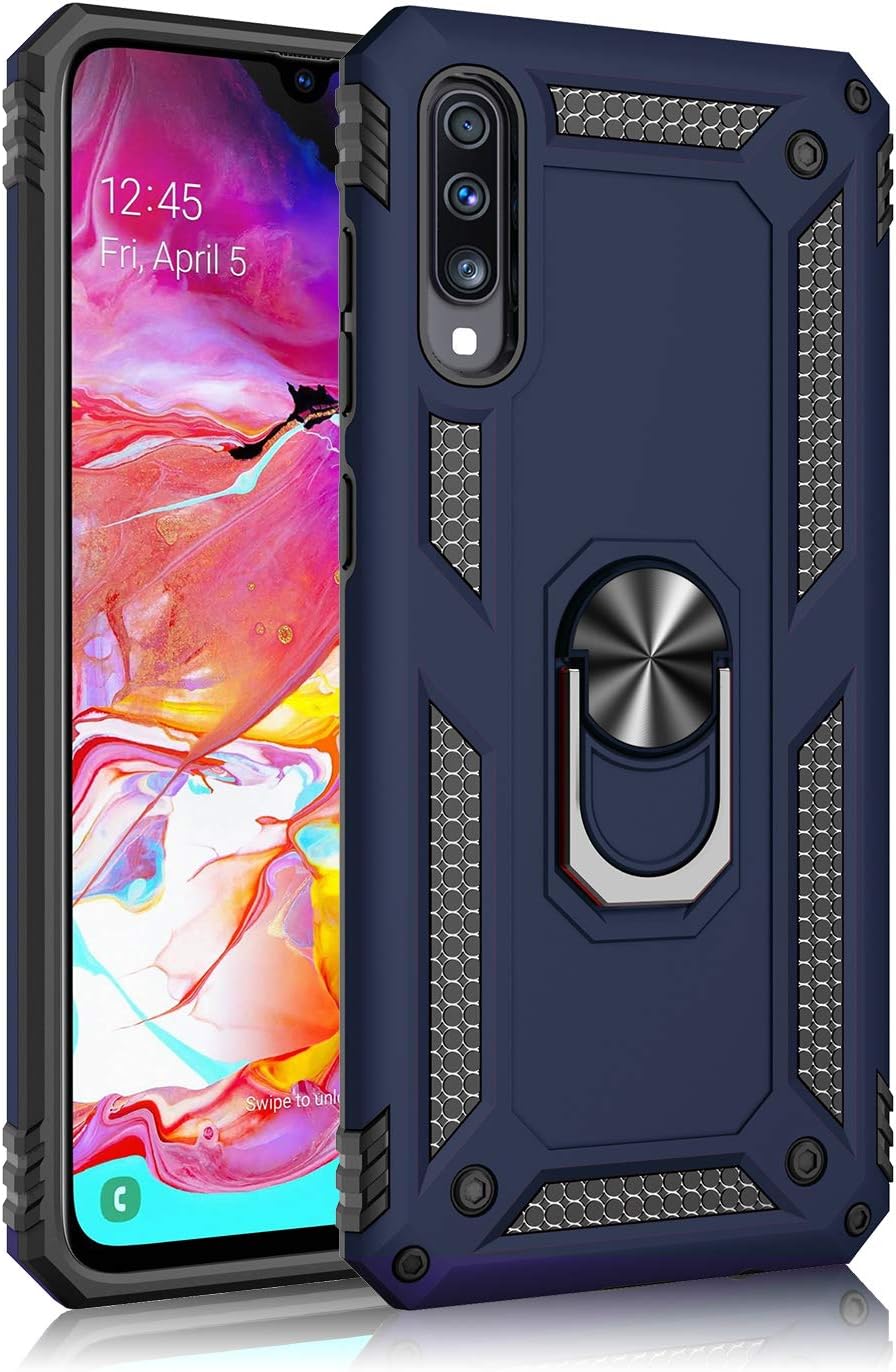 Case for Samsung Galaxy A70 with Ring Holder Armor Case Samsung Galaxy A70 Case Soft TPU bumper Hard PC Back Cover with Metal Plate for Magnetic Phone Car Mount Blue