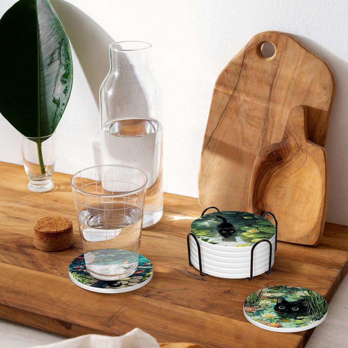 Drink Absorbent Coasters with Holder Set of 6, Ceramic Stone with Cork Base, Black Cat Water Lily Design Coaster for Drinks, Gift for Housewarming Room Bar Home Decor Kitchen