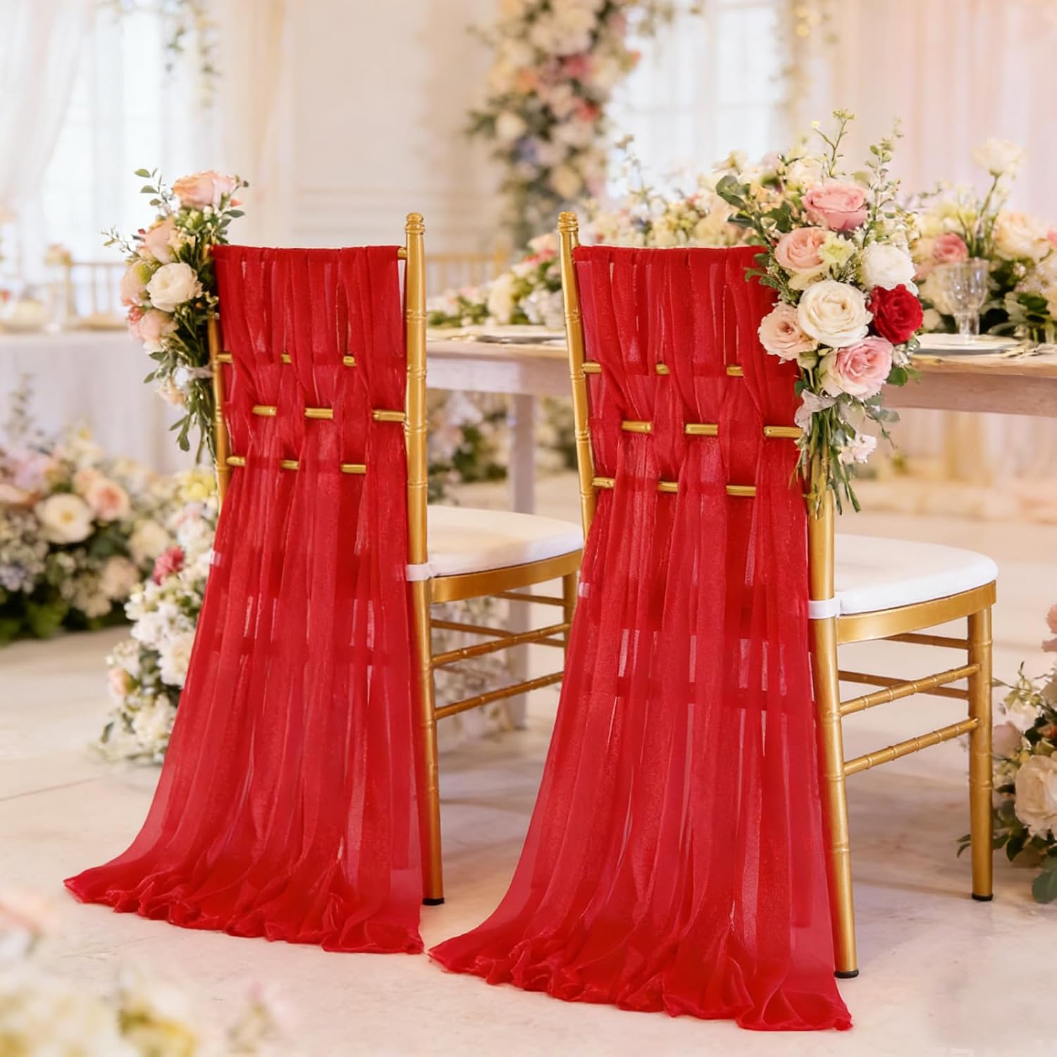 Red Chair Sashes for Wedding: 32 Pieces 8ft Long Sheer Draping Fabric – Reception Party Hotel Event Chair Decorations