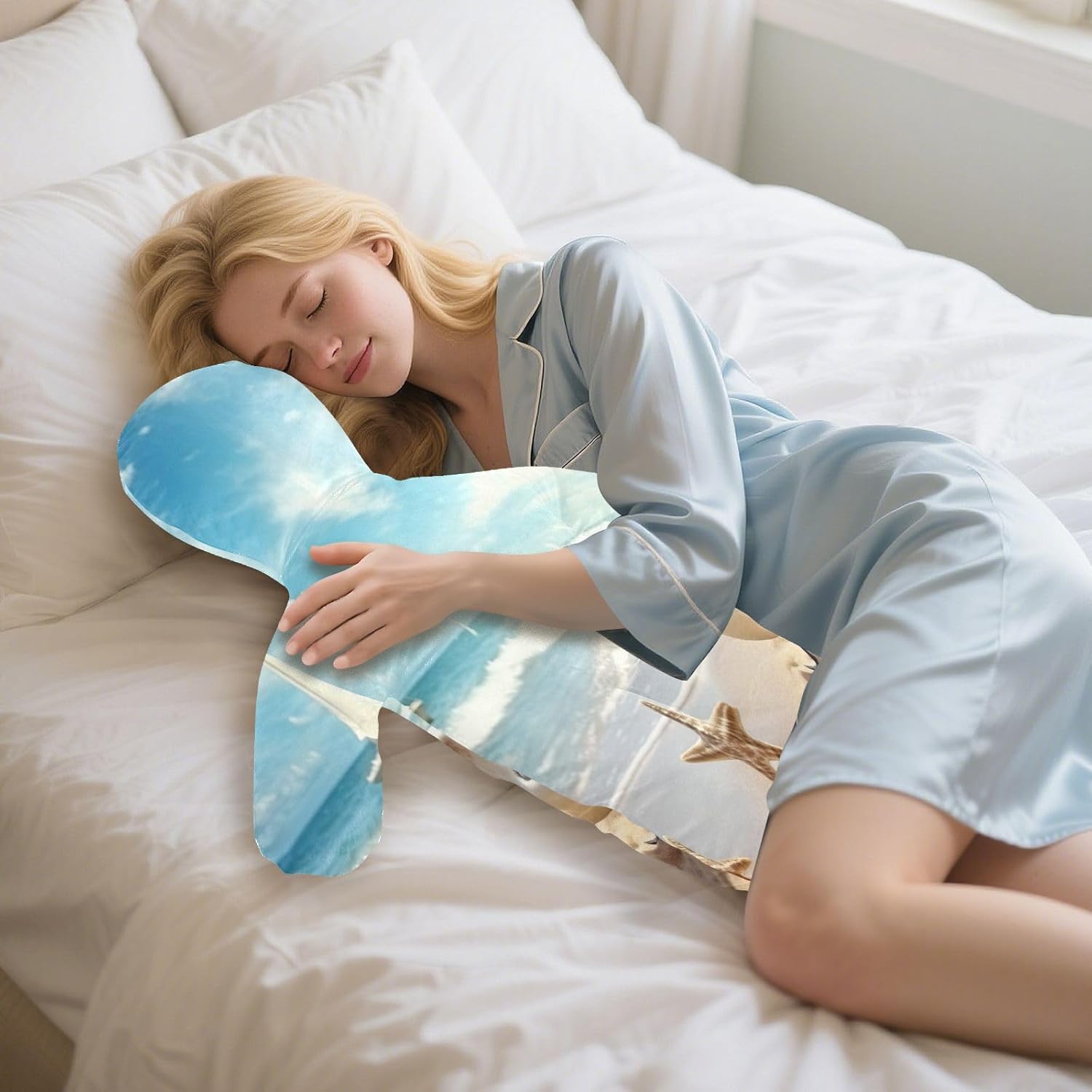Sea Beach Human-Shaped Pillow Soft Body Pillows Washable Velvet Pillows for Anxiety Relief Sleeping Cuddling & Support