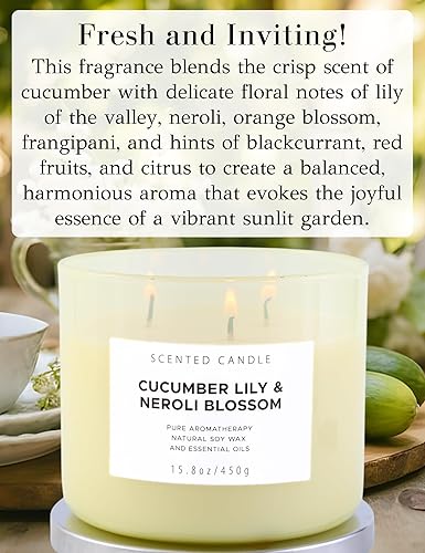 Miniatura 2 de Vela de soja de 3 mechas de 15.8 onzas – Vela perfumada de lirio de pepino y flor de naranja Neroli – Vela de aromaterapia para aliviar el estrés –