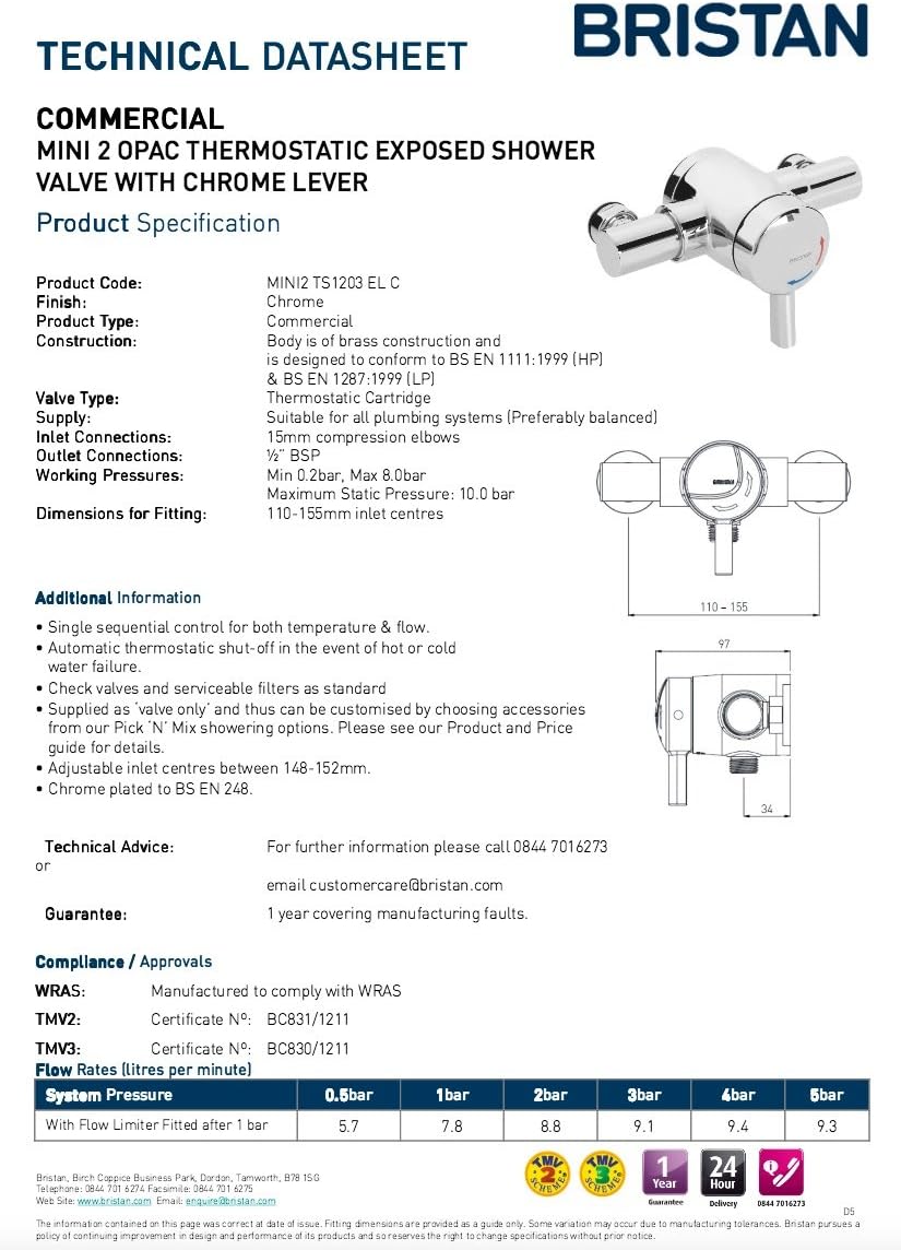🛒 Crazy Deals Bristan MINI2 TS1203 EL C Commercial OPAC Thermostatic Exposed Mini Shower Valve with Lever Chrome