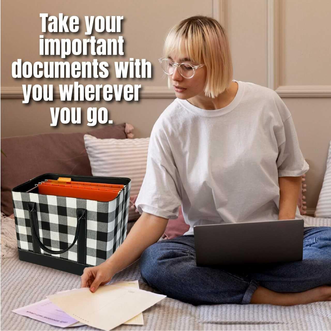 Trenton Gifts File Organizer Tote | Stylish Way To Keep Organized | Black/White Plaid