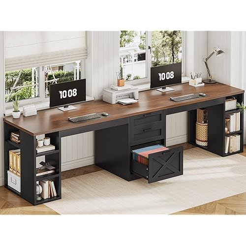 SEDETA Farmhouse 96.5" Office Desk with Drawers, 2 Person Gaming Desk with Storage, Double Computer Desk with Storage Drawers, Long Two Person Writing Desk, Black