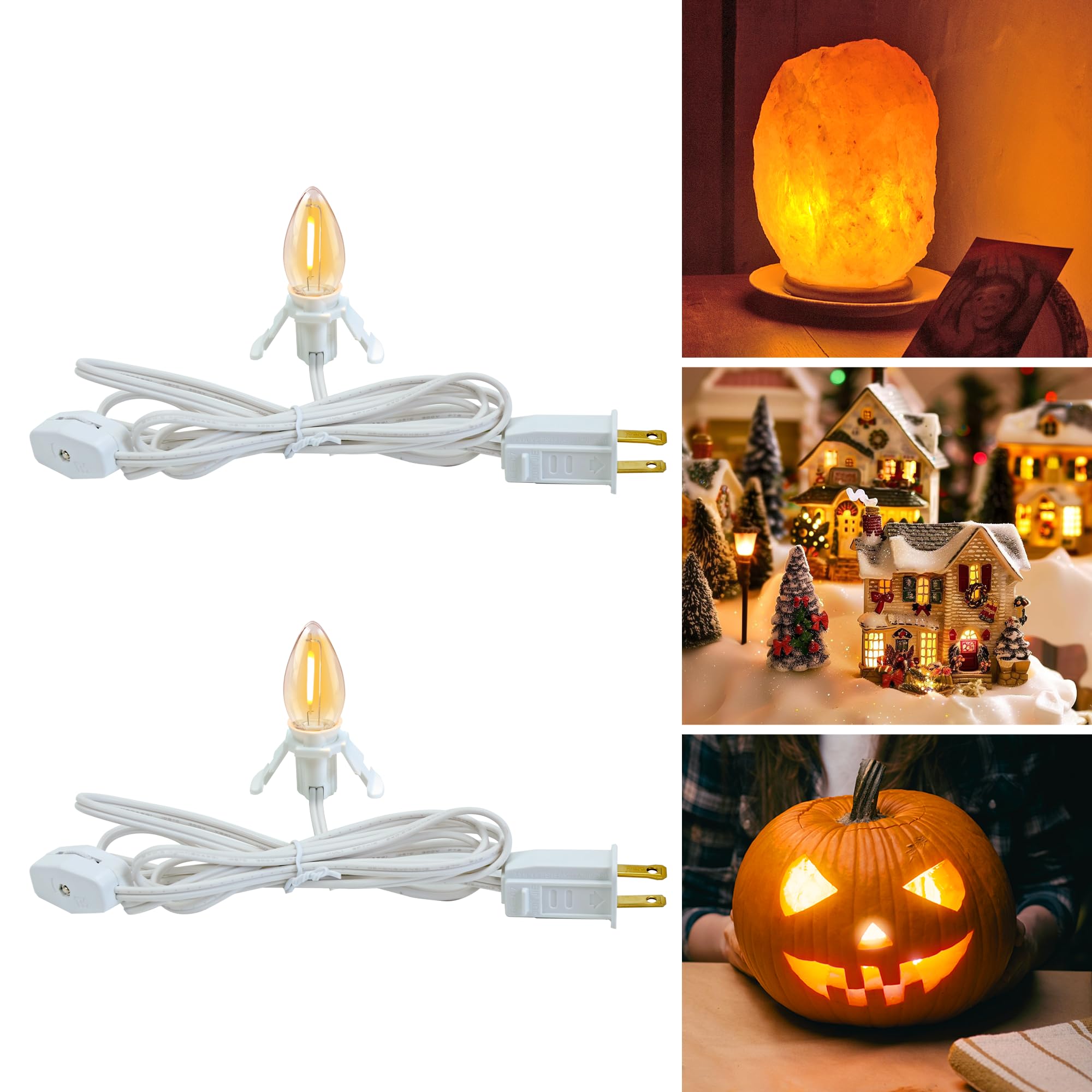 FUTIME Set of 2 Accessory Cord with One Led Light Bulb 6Ft Blow Mold Light Indoor String Lights, C7 Lamp with Spare Fuse for Halloween and Christmas Decorations, Craft Village House Decoration