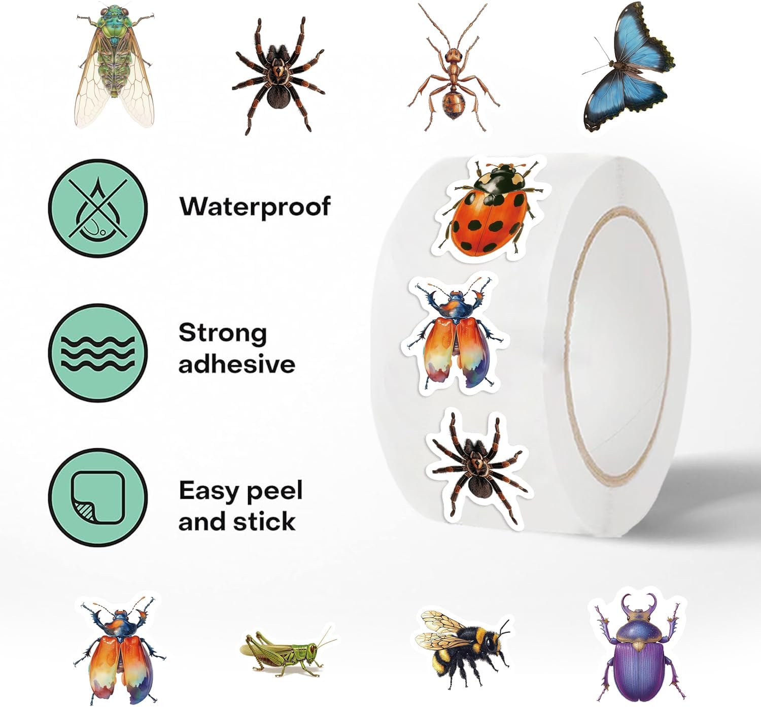 500PCS Bug Stickers 10 Styles Sticker Rolls Cartoon Insect Stickers Bug Party Favors Waterproof Vinyl Stickers(500 Per Roll)
