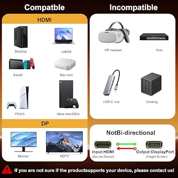 Active HDMI to DisplayPort Adapter 4K 60Hz HD to DP Converter | Unidirectional HDMI Source to DP Output, HDMI 2.0, DP 1.2, for PS5 Xbox PC Laptop to 4K Gaming Monitor Screen, Plug & Play