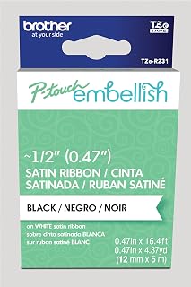 Brother P-Touch Embellish Black Print on White Satin Ribbon TZER231 – ½” Wide x 13.1’ Long for use with P-Touch Embellish Ribbon & Tape Printer