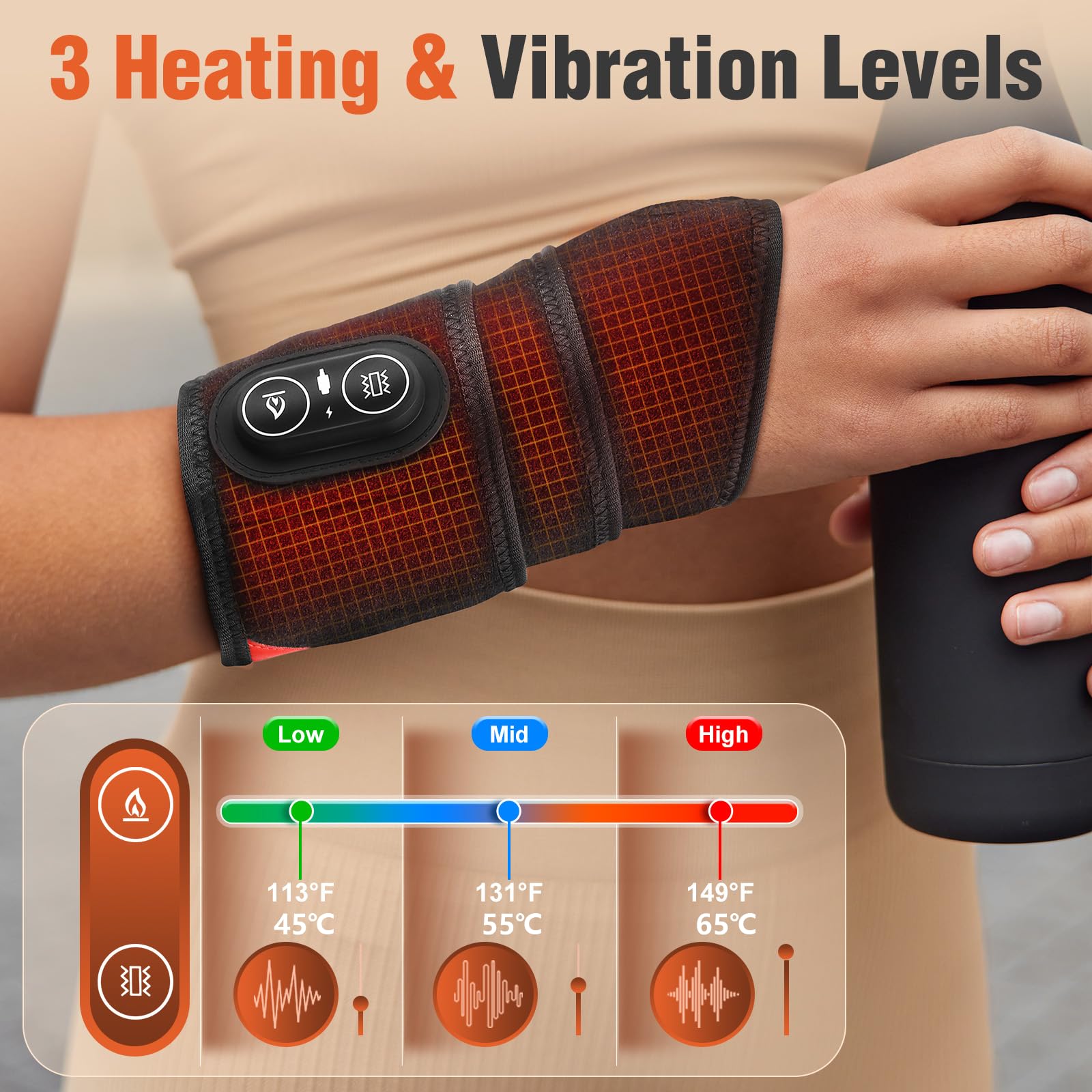 Handmassagegerät Heizkissen Rotlicht 3 Heizstufen 3 Vibration Schwarz | Hand Massagegerät Kabelloses,Hand Massager mit 3000mAh Akku, Elektrische Handmassagegeräte Geschenk für Vater Mutter