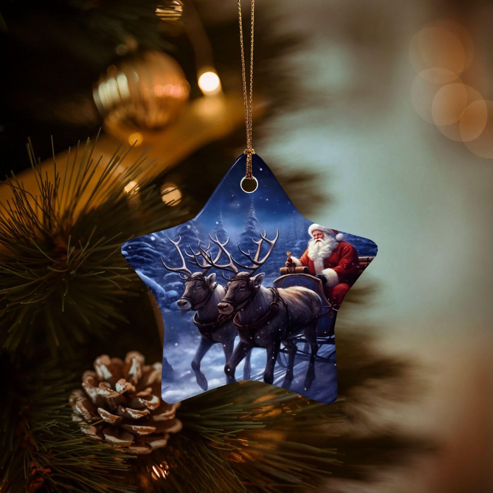 Christmas Tree Ornaments Ceramics Christmas Decorations Snow Night Santa and Deer Ornaments with Gold Ribbon Porcelain Xmas Tree Crafts Star Shape Hanging Pendant for Christmas Tree Party Decor