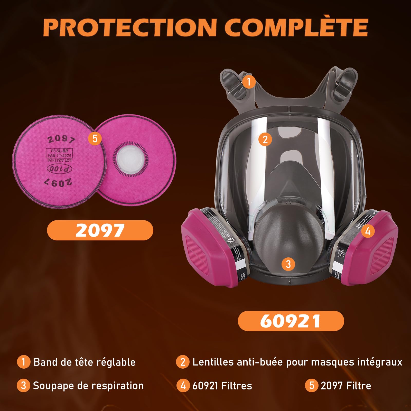 Appareils Masque de Protection respiratoires réutilisables avec filtres 60921 & 2097, Masque Anti-poussière Anti-buée, Pour Peinture Par Pulvérisation, Ponçage, Construction, Bricolage, Ponçage