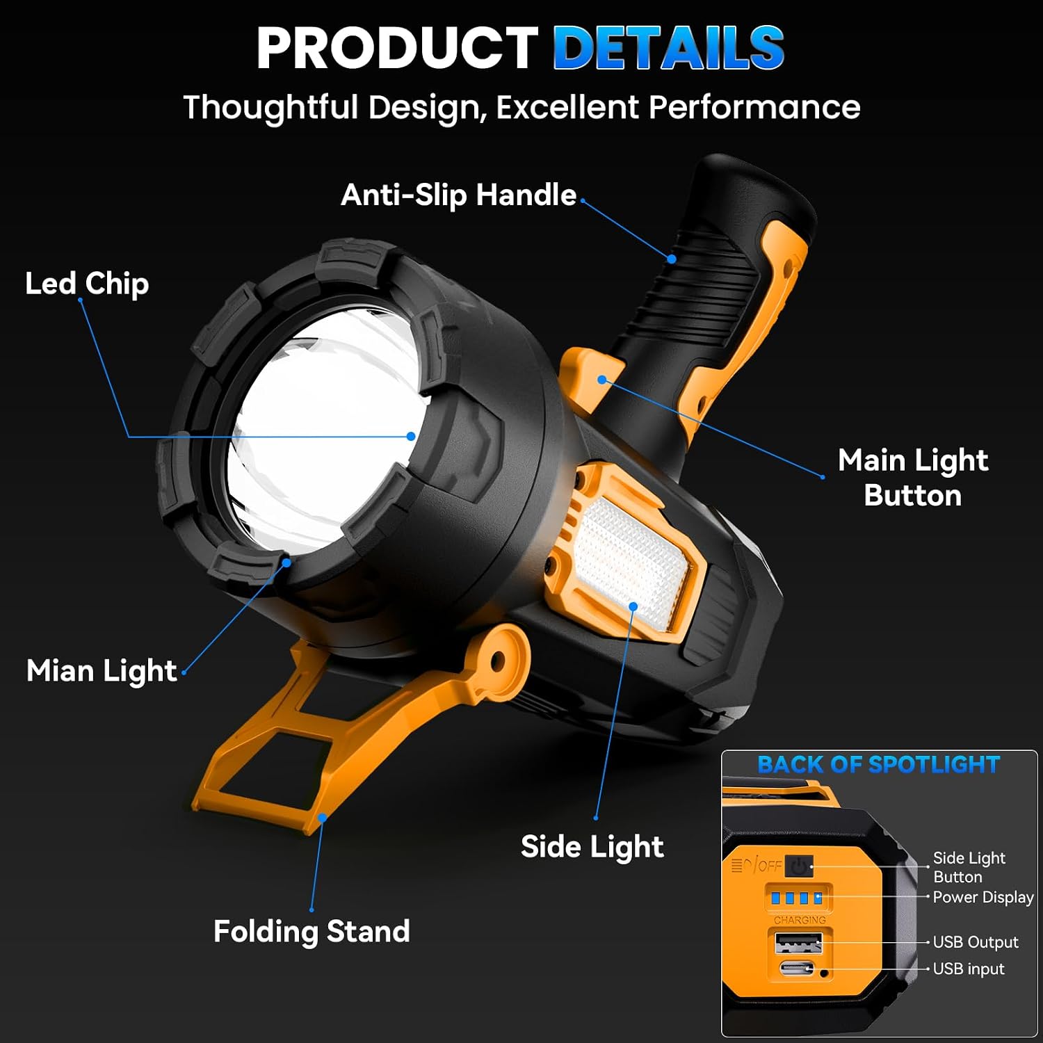 Rechargeable Spotlight Flashlight，2000000 Lumens Super Bright LED Handheld SpotLights, Waterproof 10000ɱAh Long Runtime Spot Lights for Boating, Hunting, and Camping Outdoor Yellow