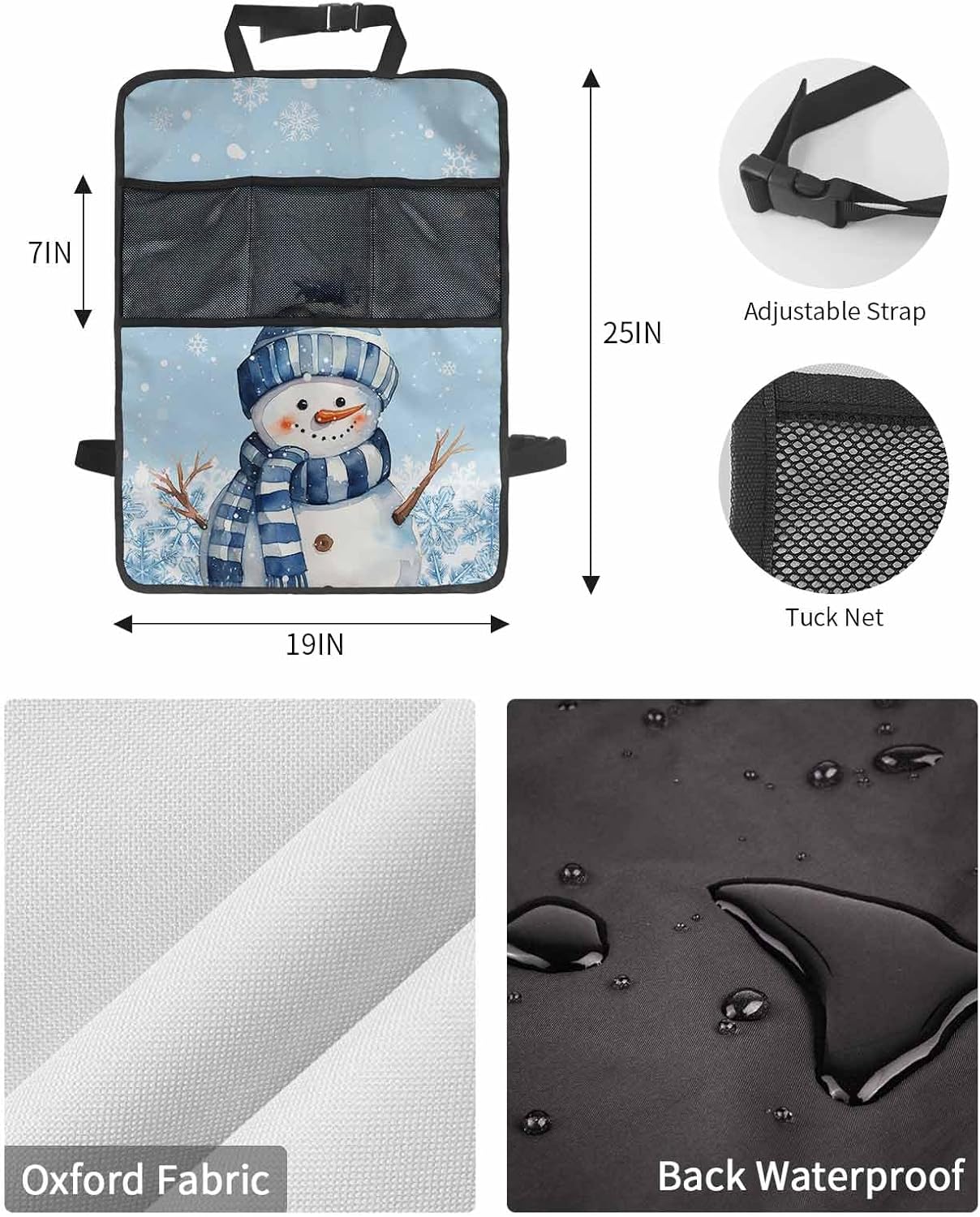 Car Seat Protector, 2 Pack Kick Mats with Organizer - 3 Pocket Storage, Blue Christmas Snowman Striped Cap and Scarf Snowflake Back Seat Cover for Kids Universal Fit Automotive Interior Protectors