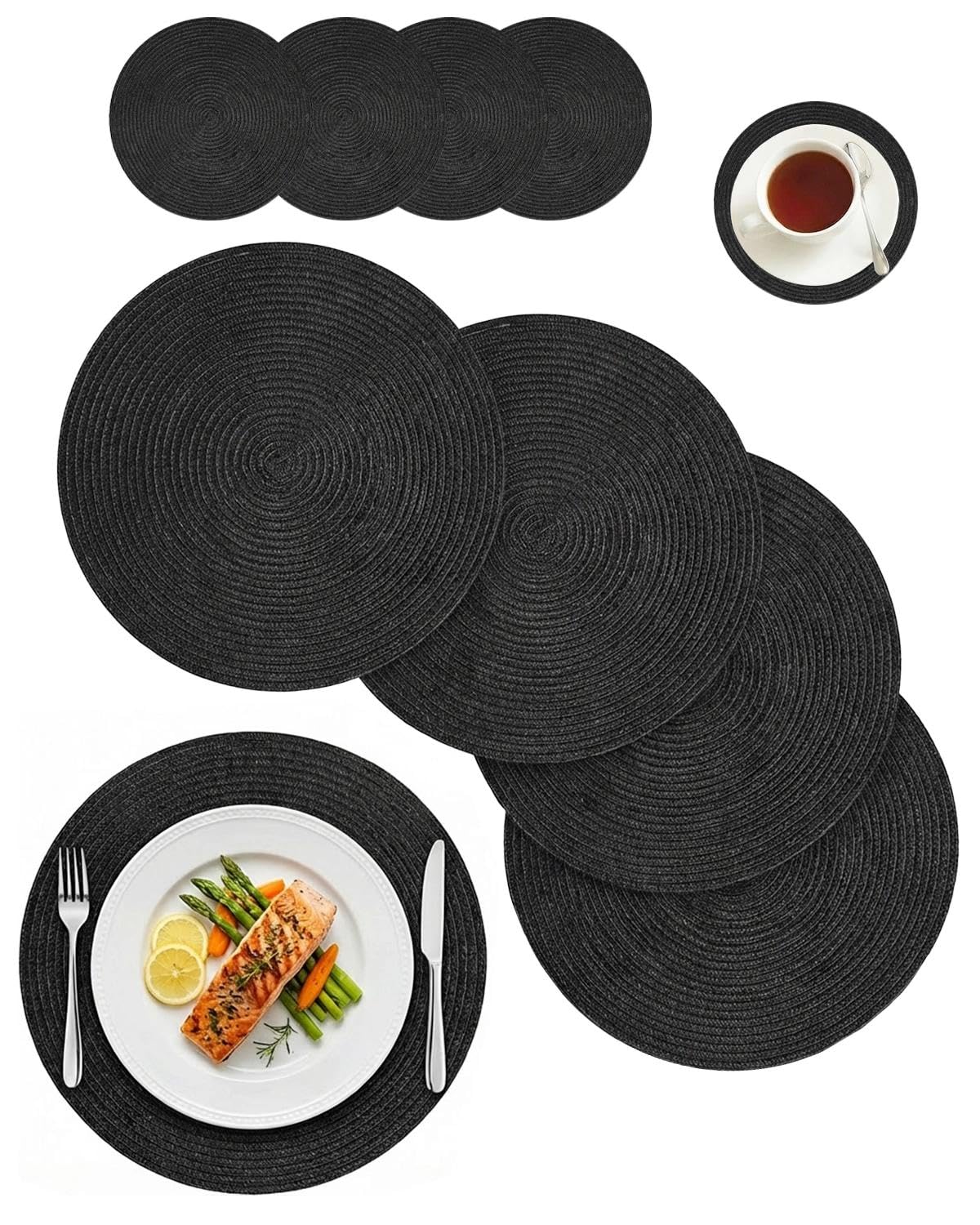 Placemats Set of 4 with Coasters Large - GiftGem Woven Place Mats for Dining Table, Natural Heat Resistant Non-Slip Round Mats, Kitchen Home Decor Tableware Protection