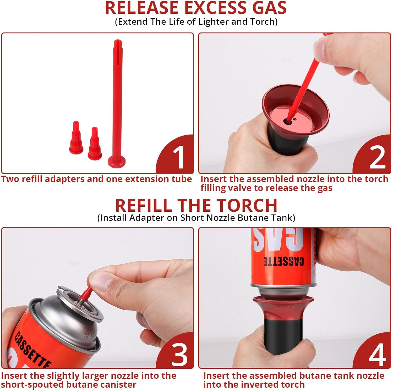 Semlos Butane Tank Adapter - Butane Nozzle - Lighter and Torch Refill or Release Adaptor, Gas Refill Adapter for All Nozzle's Gas Tank, Torch, Lighter (Red)