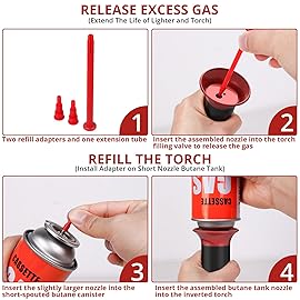 Semlos Butane Refill Adapter, 4 Adapter Tips, Compatible Lighters & Torches, Torch Kit Set for All Nozzle\'s Butane Bottle, Red