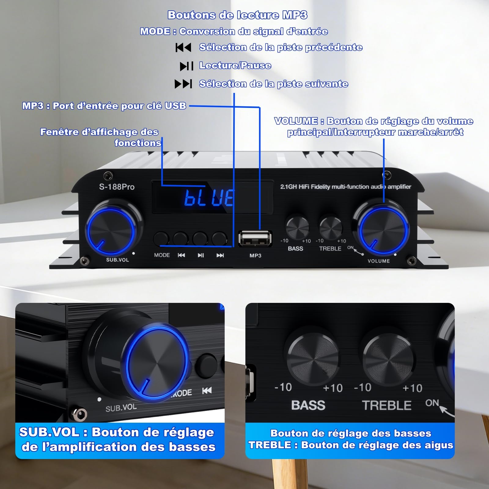 2.1 Chaîne Amplificateur Audio 50W×2 + Caisson de Basse 60W, 1000W Puissance de Crête, Bluetooth 5.3, Aux/USB/MP3, Réglage Grave/Aigu – Pour Home Cinéma, TV, Voiture