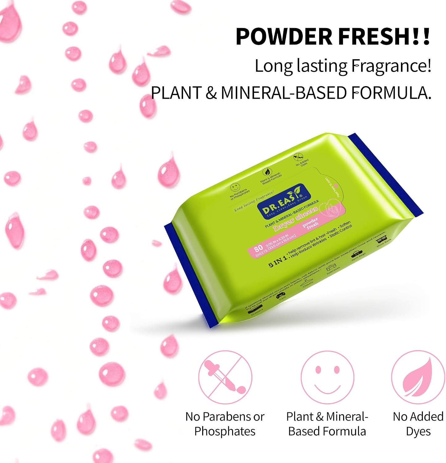 DR.EASY Dryer Sheets, 80Ct Powder Fresh Plant Based