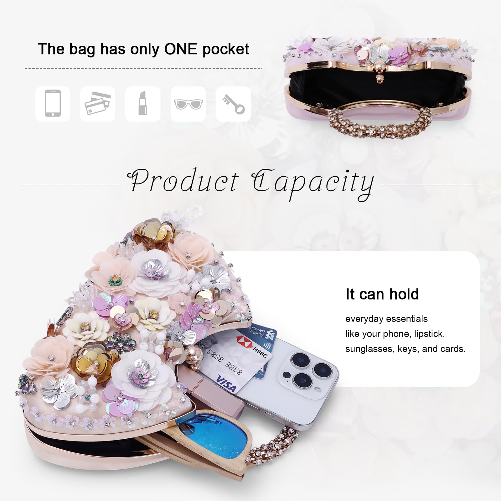 Mujer Bolso con Cuentas Y Flores Noche de Embrague para Fiesta Lady Party