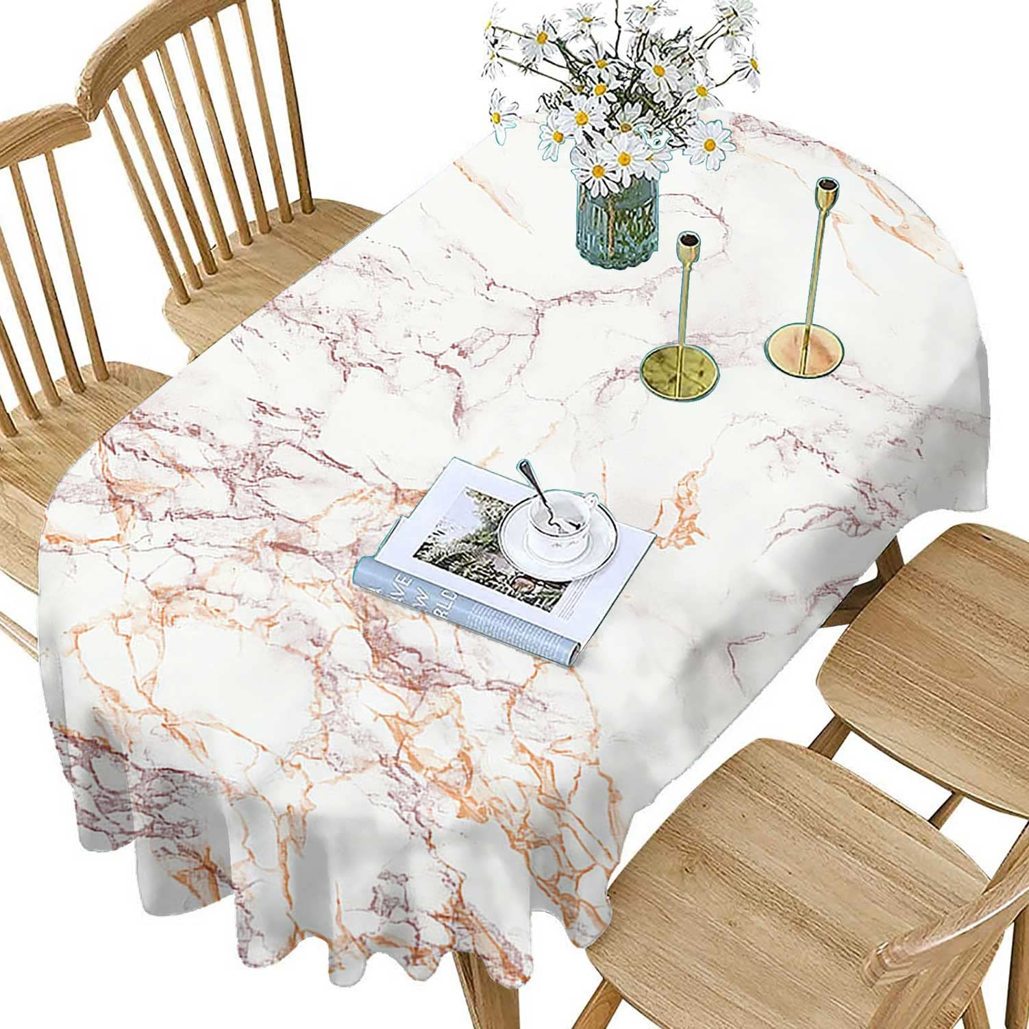 Marble Oval Polyester Tablecloth, 60x104 Inch Oval Printed Washable Indoor Outdoor Table Cloth for Parties Weddings Spring Summer