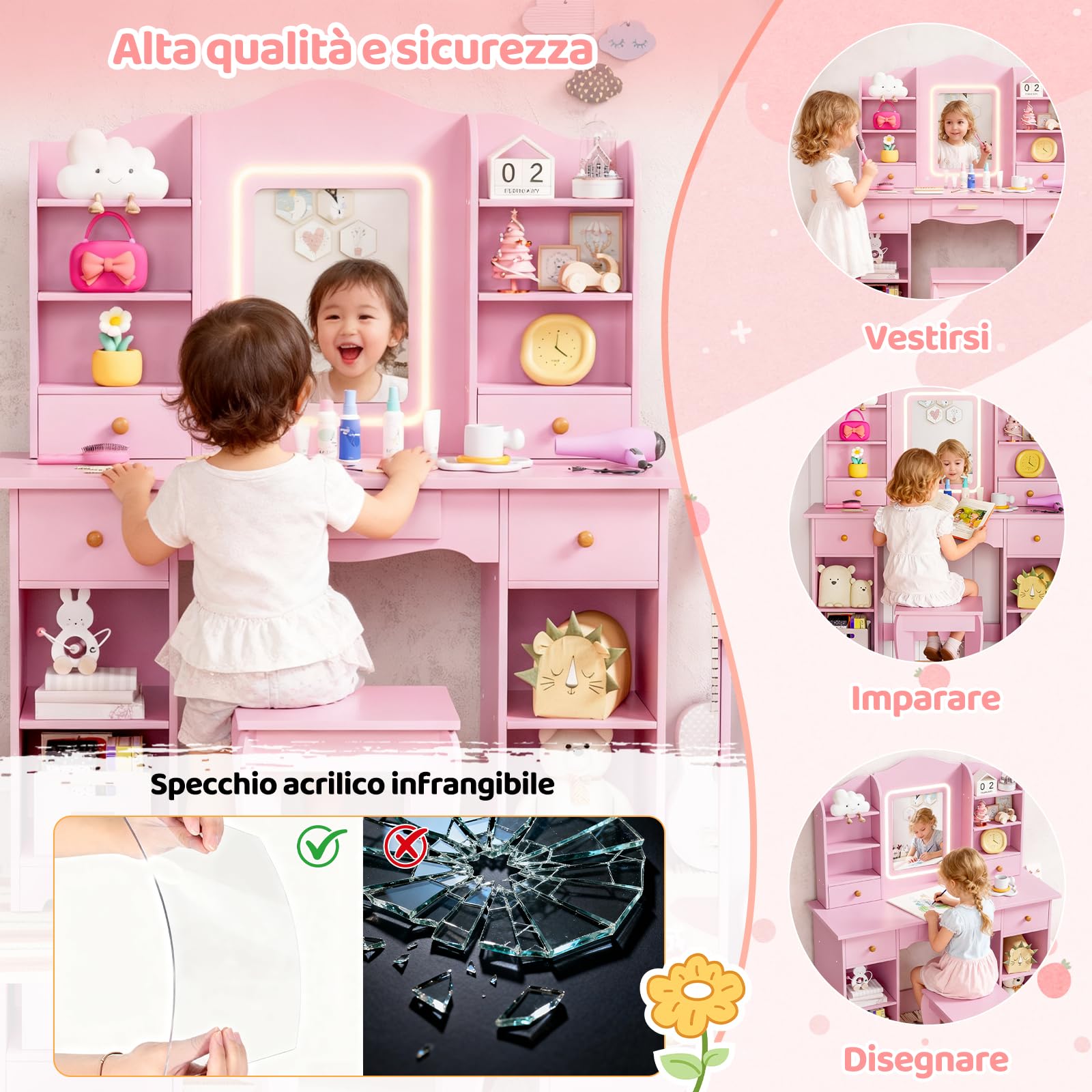 MAMIZO Toeletta Trucco Bambina con Sgabello LED, Toeletta per Bambini con Sedia, 5 Cassetti e 10 Scomparti Portaoggetti, 3 Modalità di Illuminazione Regolabili, 95x34x118cm, Rosa