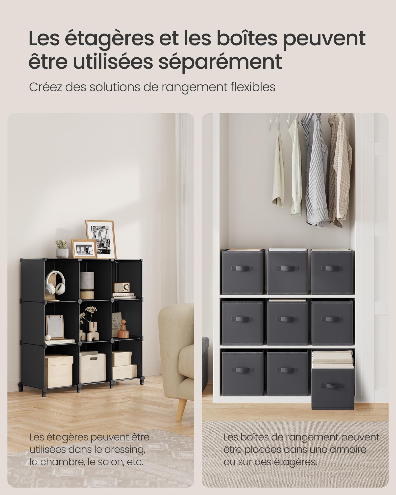 SONGMICS Meuble de Rangement avec Boîtes, Meuble à 9 Cases pour Vêtements, Étagères en Tissu Non-tissés, Personnalisable, Extensible, Gain de Place, Chambre, Noir d'Encre et Gris Tourterelle LPC092B01