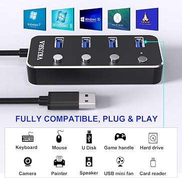 USB Hub 3.0 Powered, VKUSRA 4 Ports Ultra Slim USB Splitter with 5V/3A AC Power Supply Adapter, High-Speed Data Hub with 1.2m Extended Cable and Individual On/Off Switch