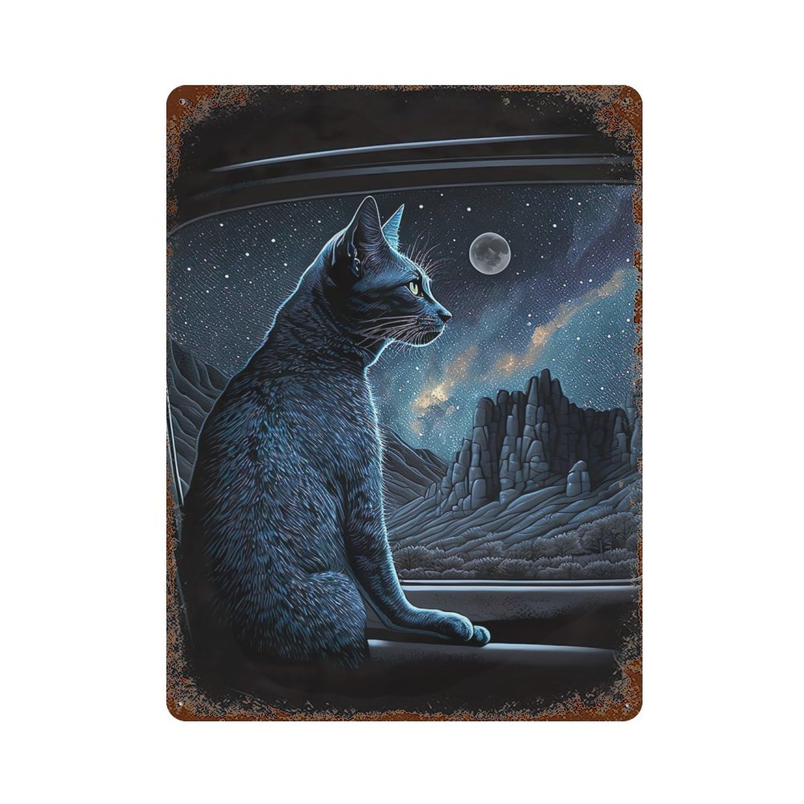 Garage Style Moonlight Cat Painting Rusty Metal Tin Sign 15.7"x11.8", Farmhouse Wall Decor for Bar And Workshop