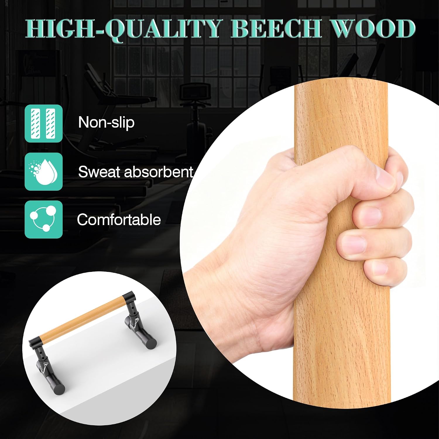 GanFindX Wooden Parallel Bars, Adjustable 6-14In,550-600lb Capacity | Natural beech wood push-up bars with a non-slip steel base for handstands, L-sits, gymnastics and home strength training.