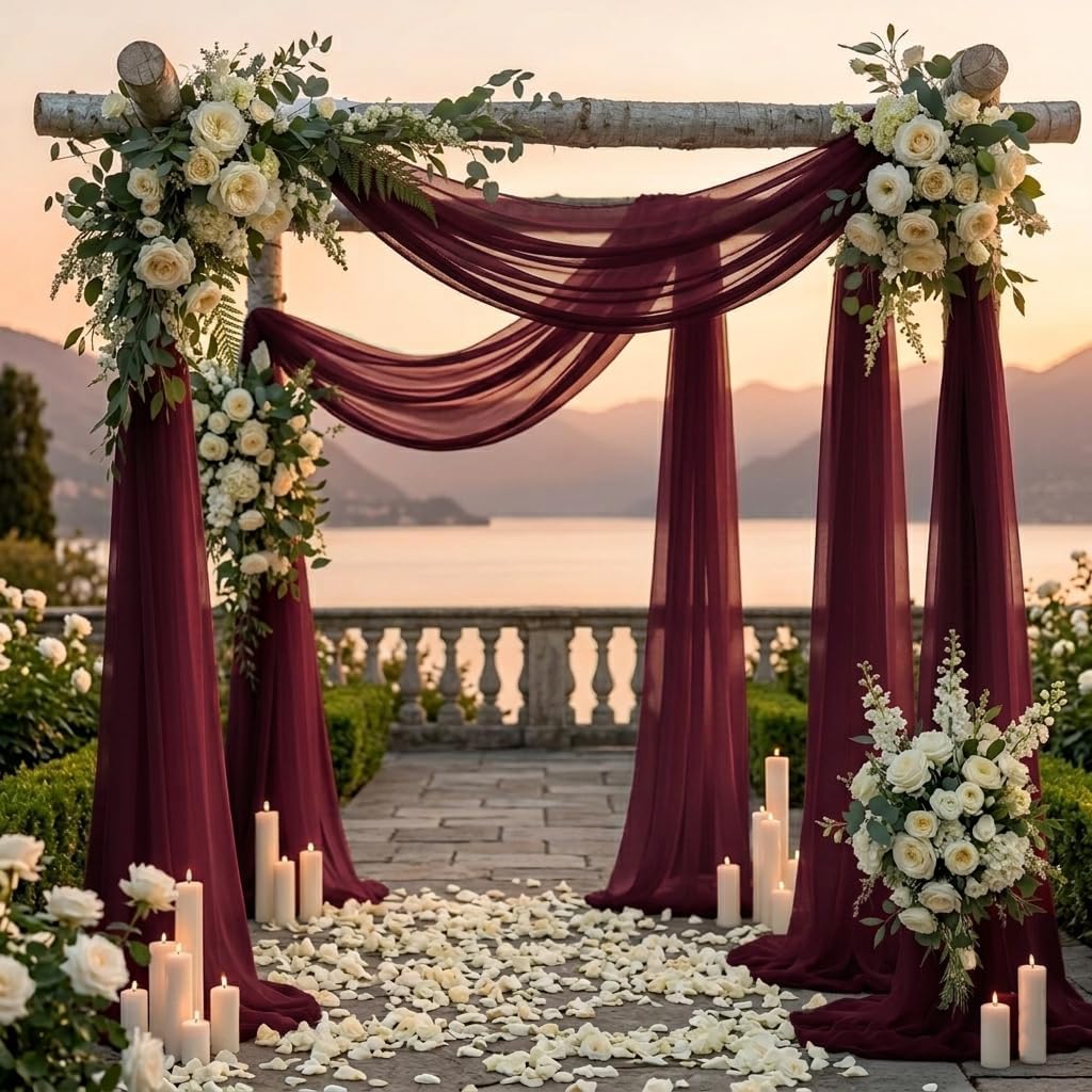 ® Pack of 1 Wedding Arch Drape Panel (30" Width x 20ft Long) Sheer Chiffon Arbor Canopy Drapery Fabric for Wedding Ceremony Reception Decoration Party Ceiling Backdrop Curtain Swag - Burgundy thumbnail