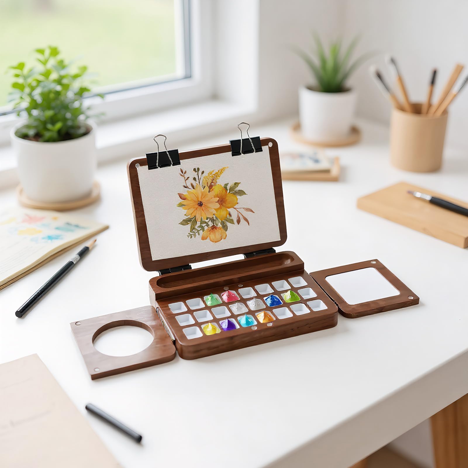 Paleta do mieszania, taca malarska, drewniana akwarela tablica, 24 dobrze składany design, organizator sztuki, przenośny futerał podróżny na podróż kemping klasa studio początkujący rzemiosło | Składane Pudełko Palety Do Szkicowania W Terenie Podróży Wars