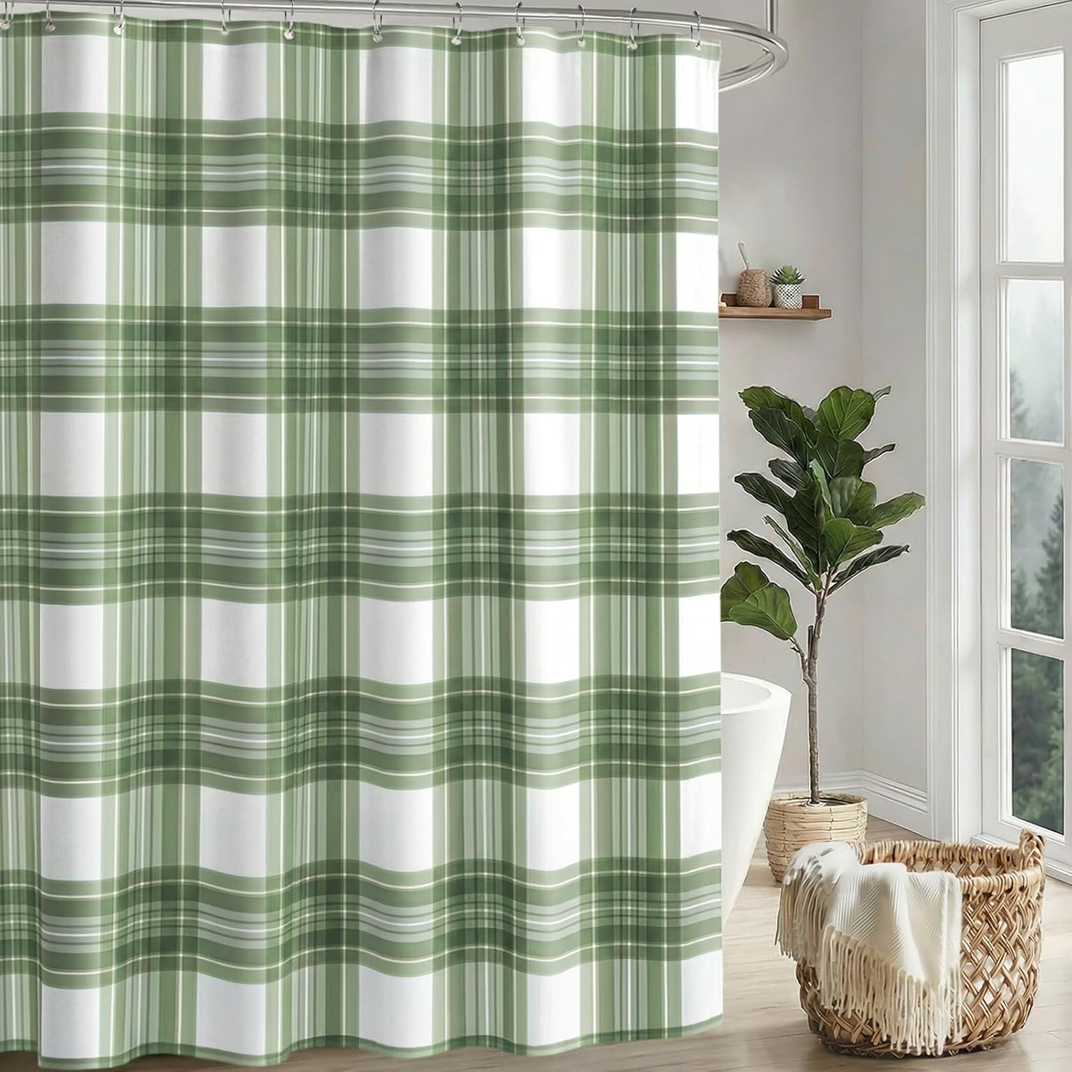Gingham Plaid Shower Curtain, Sage Green Checkered Shower Curtains for Bathroom, 72x72