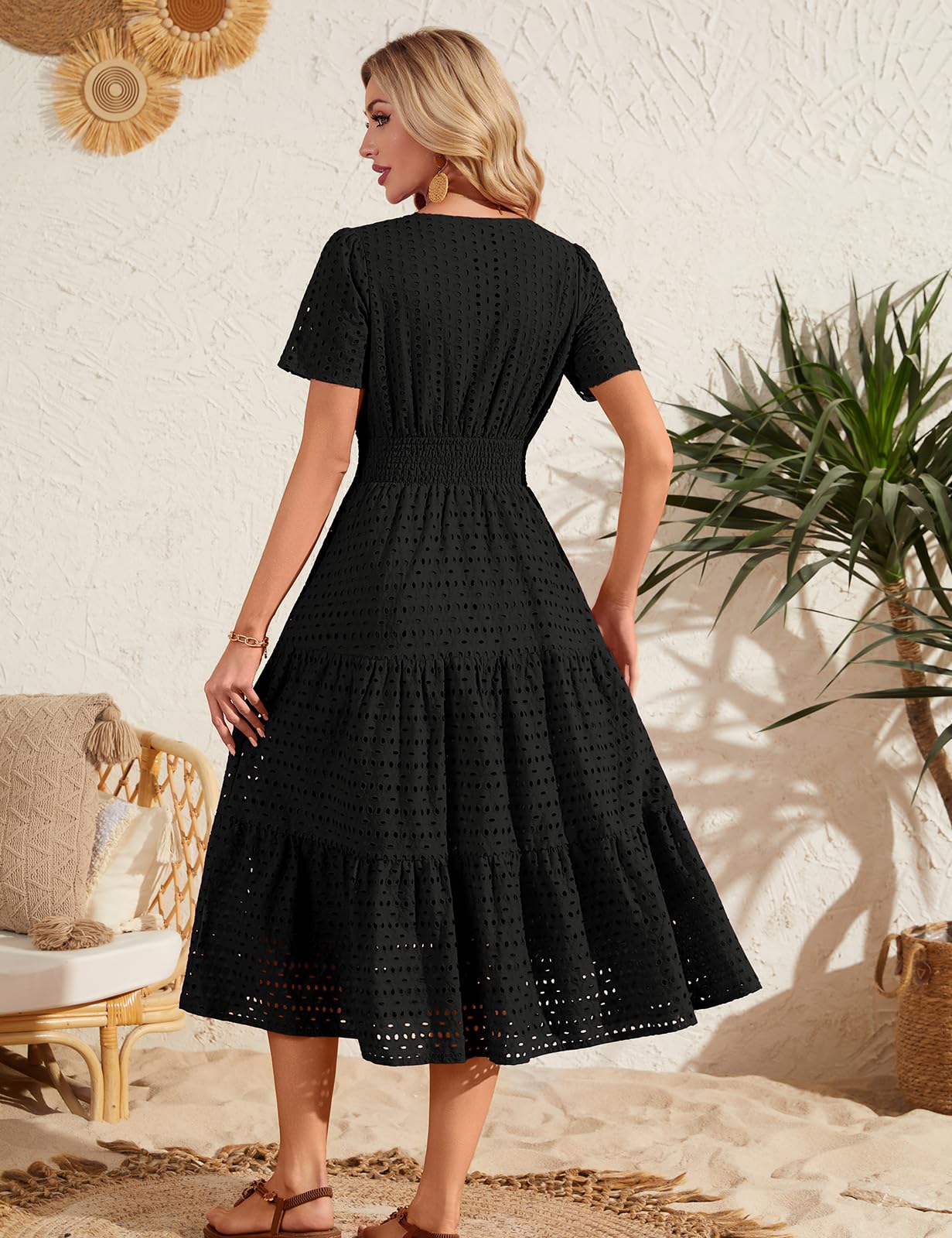 heekpek Sommerkleid Damen Lang A Linien Kleid Elegant V-Ausschnitt Luftige Sommerkleider Kurzarm Midikleid Hoher Taille Strandkleid Tunika Kleid mit Taschen