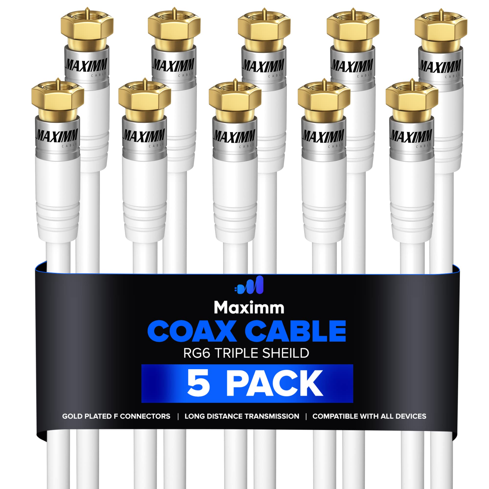 RG6 COAXIAL Cable - Triple Shielded, Non-Oxygen Copper Cable Wire for TV, Internet & More 3ft / White / 5 Pack