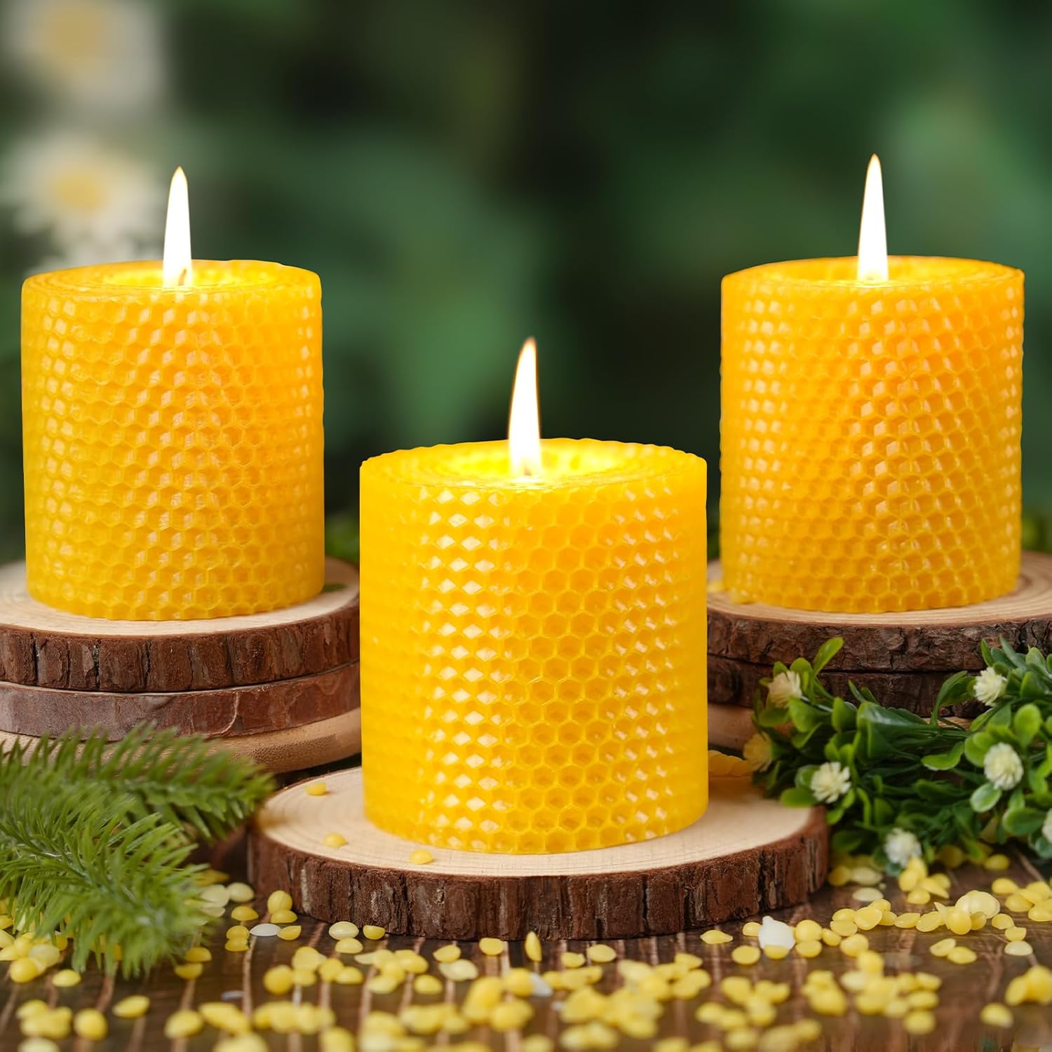 Hand-Rolled Beeswax Candles,2.8x3in-3PCS,All Natural Honeycomb Beeswax Pillar Candles,72 Hours Long Burning Bees Wax Candles for Home,Dripless Smokeless Unscented Honeycomb Pillar Candle