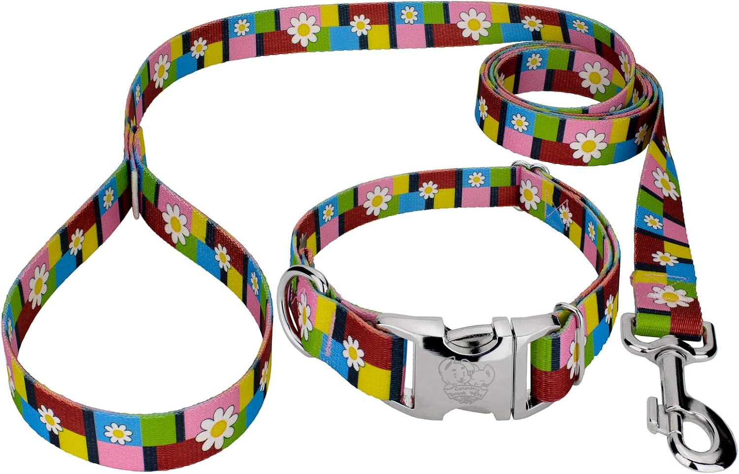 Country Brook Petz - Premium Spring Daisies Dog Collar and Leash - Floral Collection Featuring Charming Designs (1 Inch, Medium)