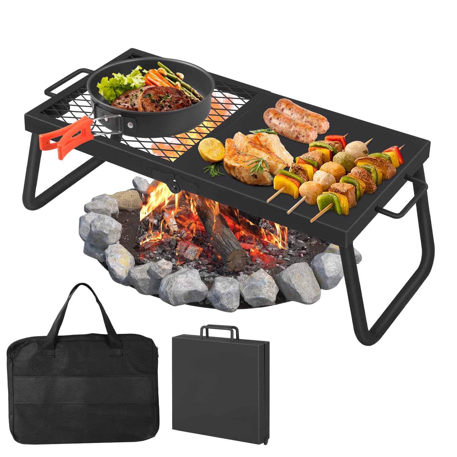 Zoombuggy 22.4*11.2 Heavy-Duty Folding Campfire Grill & Griddle-600°F Heat Resistant, Portable Cooking Grate, Adjustable Height, Freestanding Fire Pit Rack, Includes Carry Bag, Ideal For Outdoor Bbq, Camping, Backpacking