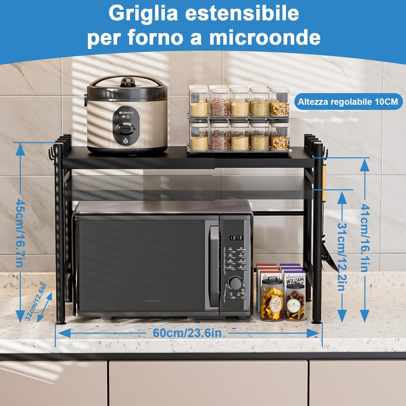 Mensola Microonde Scaffale da Cucina, Ripiani per Microonde con 6 Ganci, Estensibile Porta Microonde,Supporto Microonde