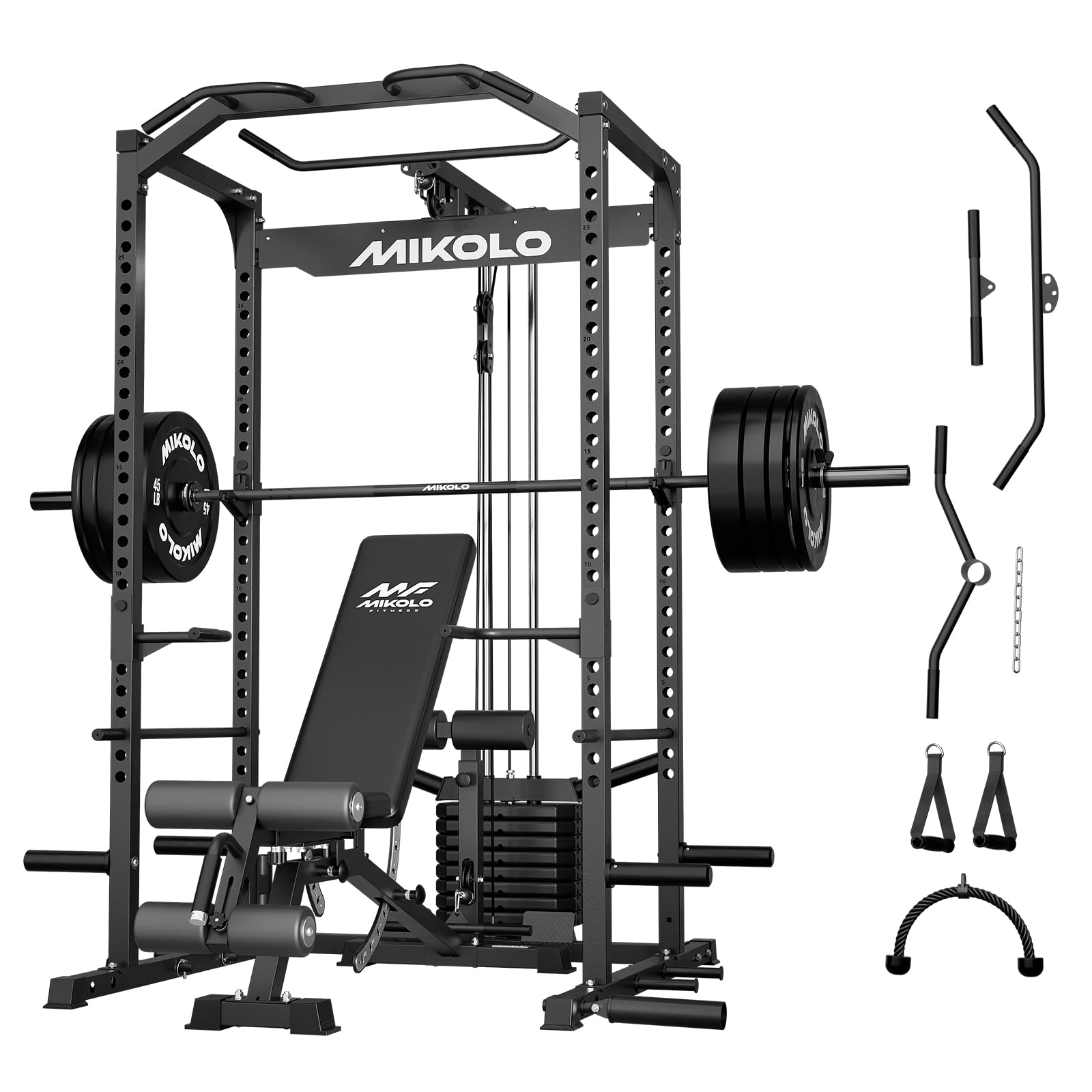 Mikolo F4 2.0 Power Cage with Dual-Track Smooth Pulley System, 1200LBS Power Rack with Leg Hold-Down for Heavy LAT Pulldowns