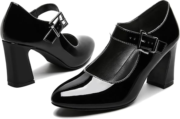 rsxses Black Mary Jane Heels for Women Closed Toe Block Heel Round Toe Chunky High Heel Pumps Ankle Strap Dress Shoes Patent PU Comfortable Wedding Party Pumps Shoes Size 9.5